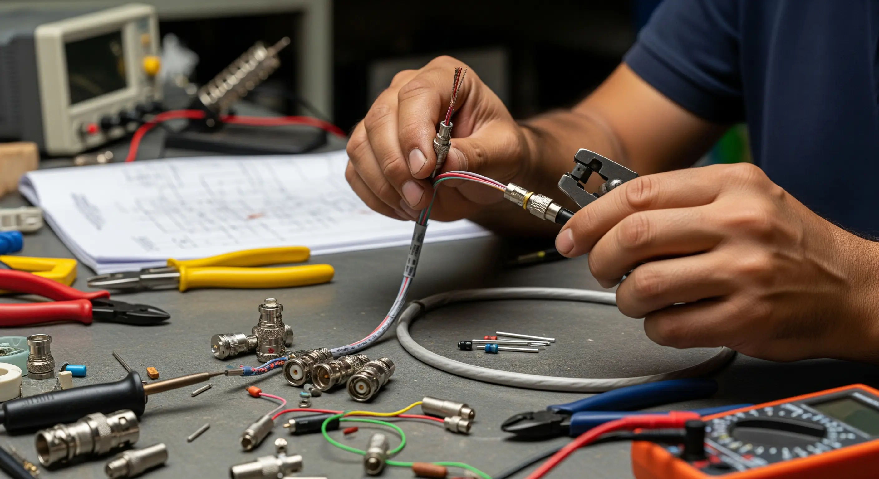 Acercamiento a las manos de un ingeniero trabajando con cable coaxial