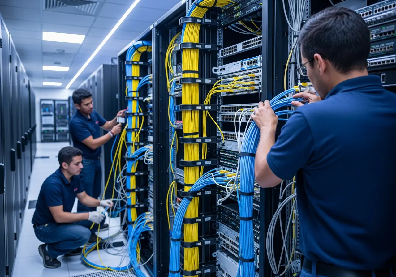 Ingenieros revisando tableros y equipos de media tensión eléctrica en una planta industrial