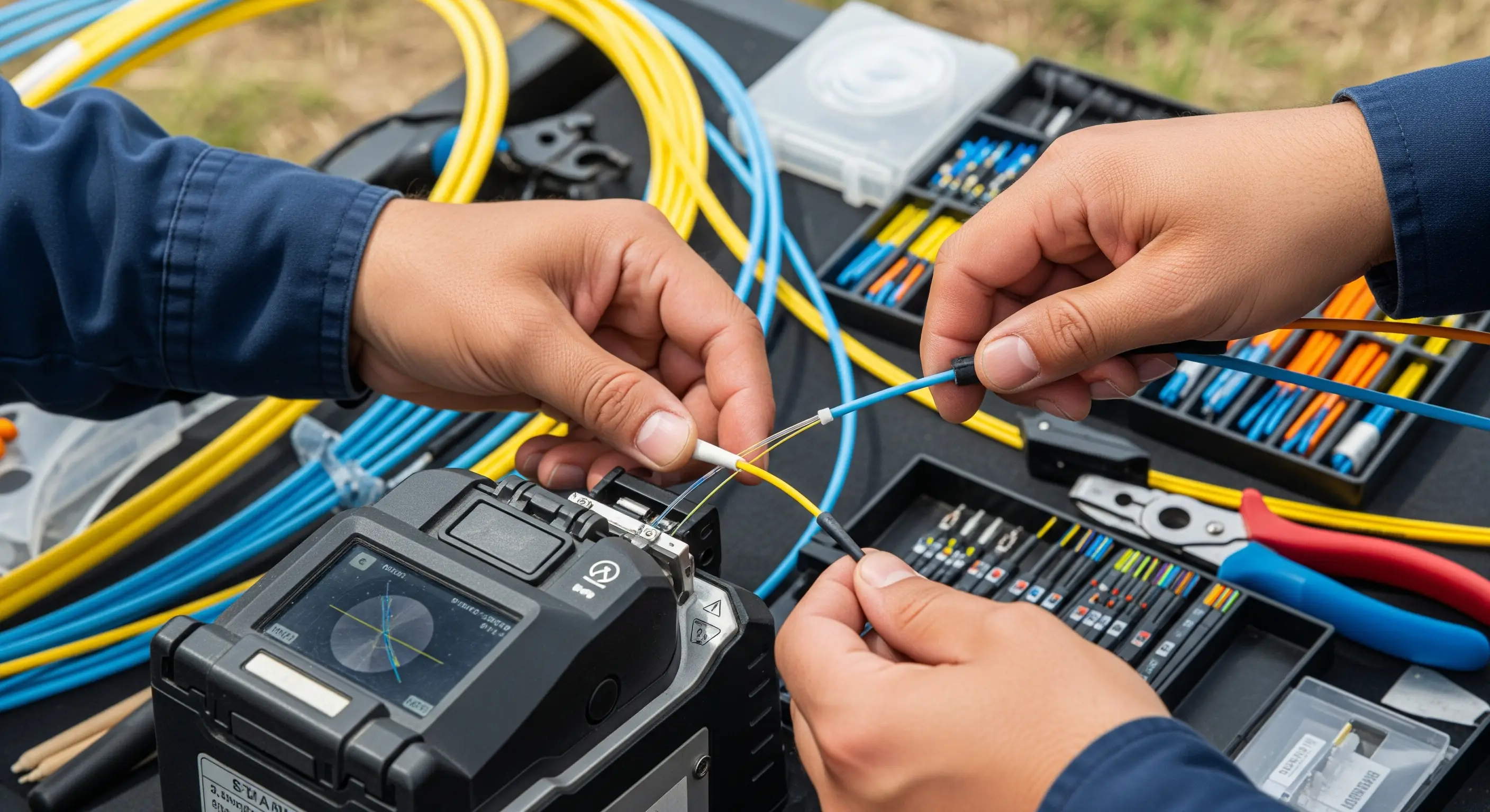 Acercamiento a las manos de un par de ingenieros trabajando con fibra óptica