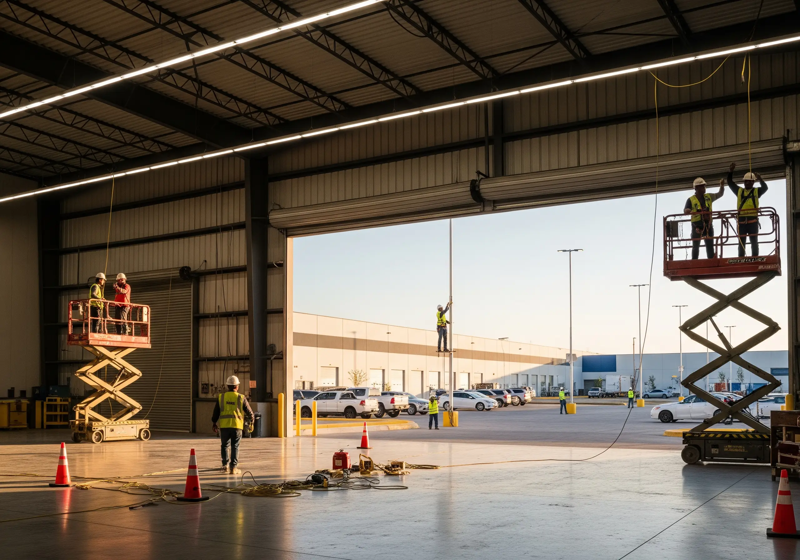Técnicos instalando alumbrado led industrial en una nave y estacionamiento de empresa en México