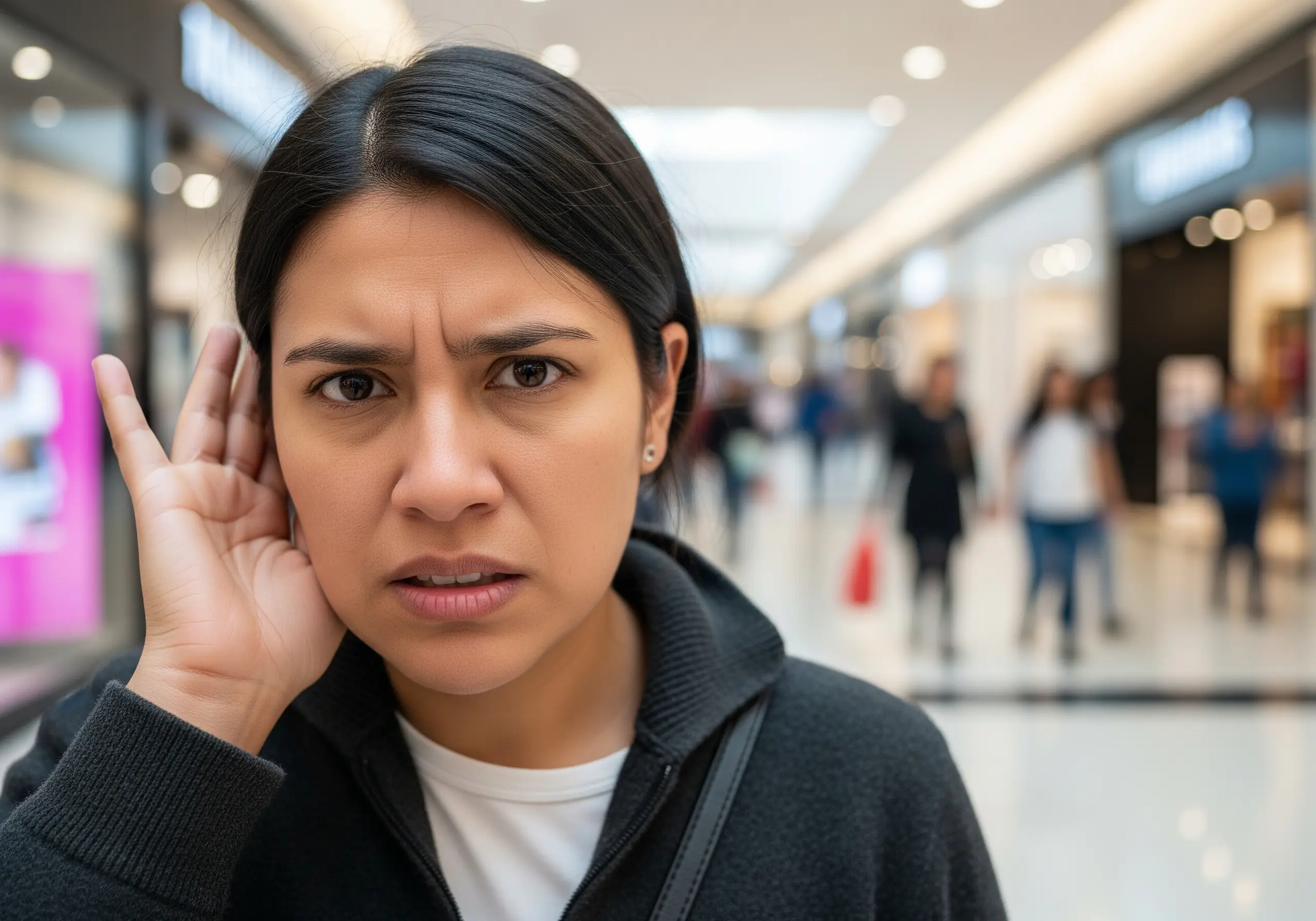Persona molesta por el alto volumen del sonido ambiental en una plaza comercial.