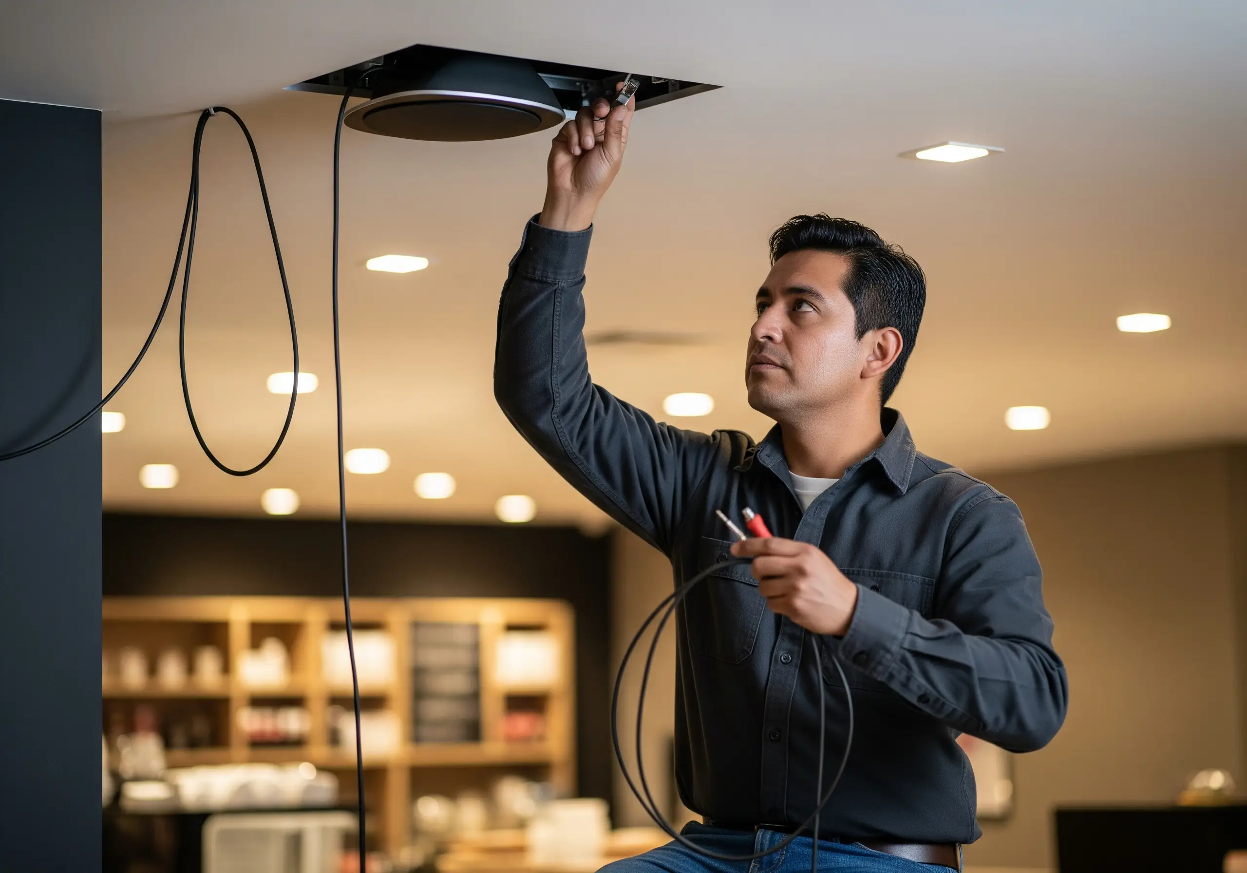 Ingeniero de audio instalando el equipo de audio ambiental