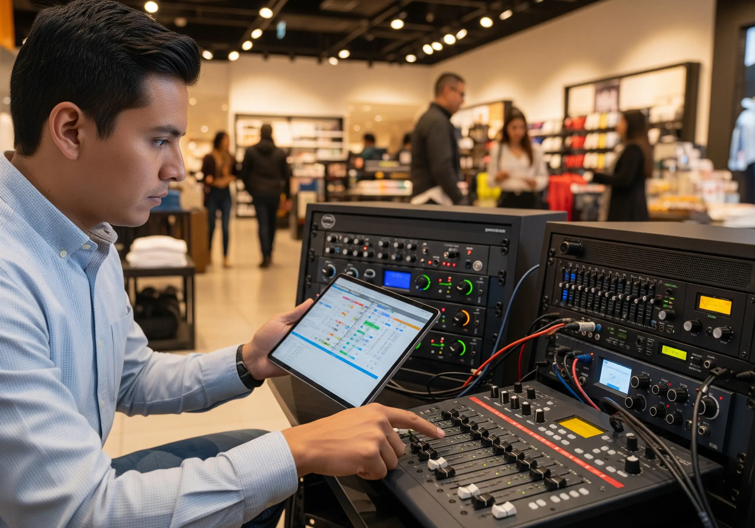 Ingeniero de audio documentando la correcta operación del equipo de audio de una empresa
