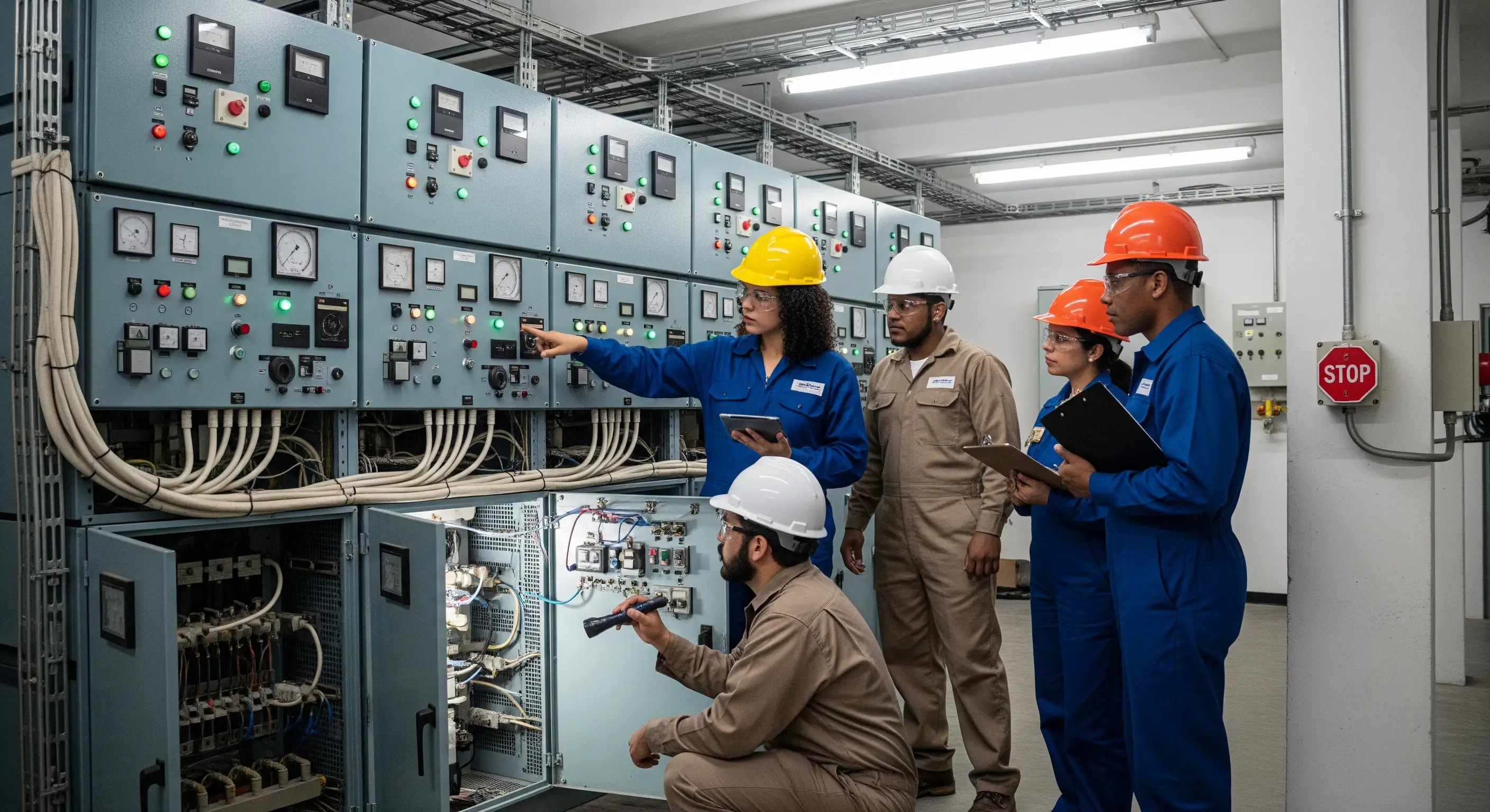 Ingenieros revisando un banco de capacitores industrial instalado en una sala eléctrica en México