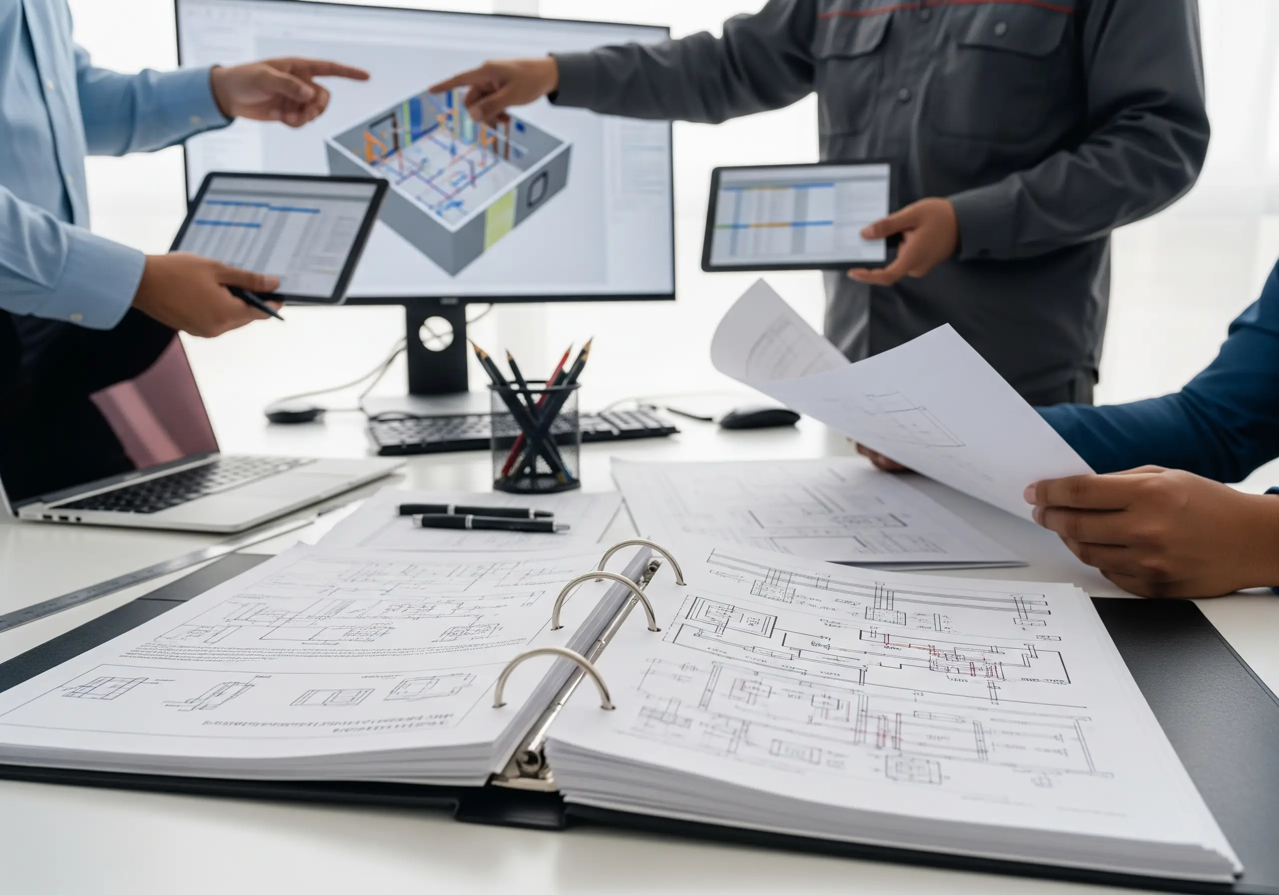 Ingenieros elaborando la propuesta técnica para la instalación de un banco de capacitores