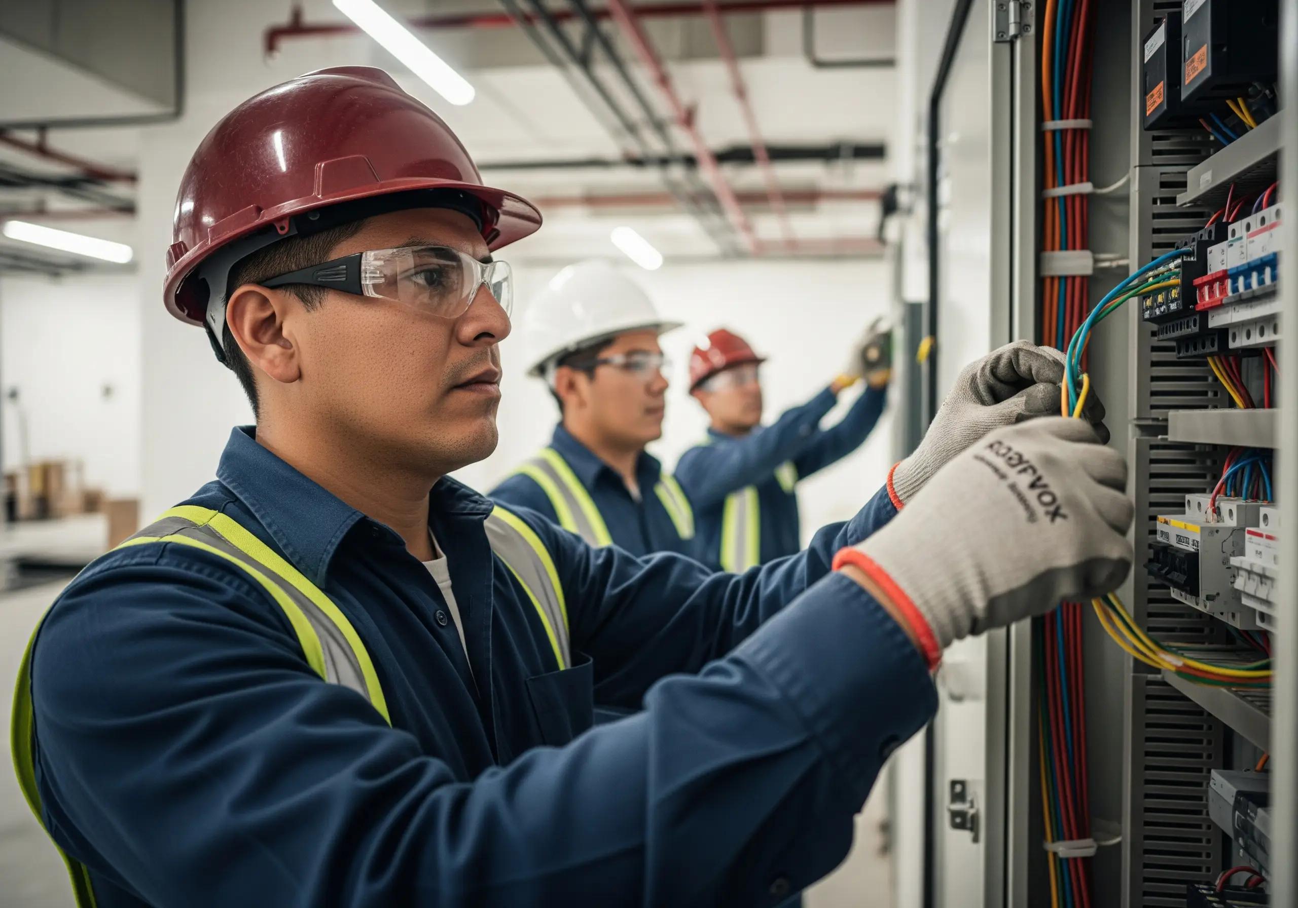 Técnicos instalando un banco de capacitores industrial en una plante en México