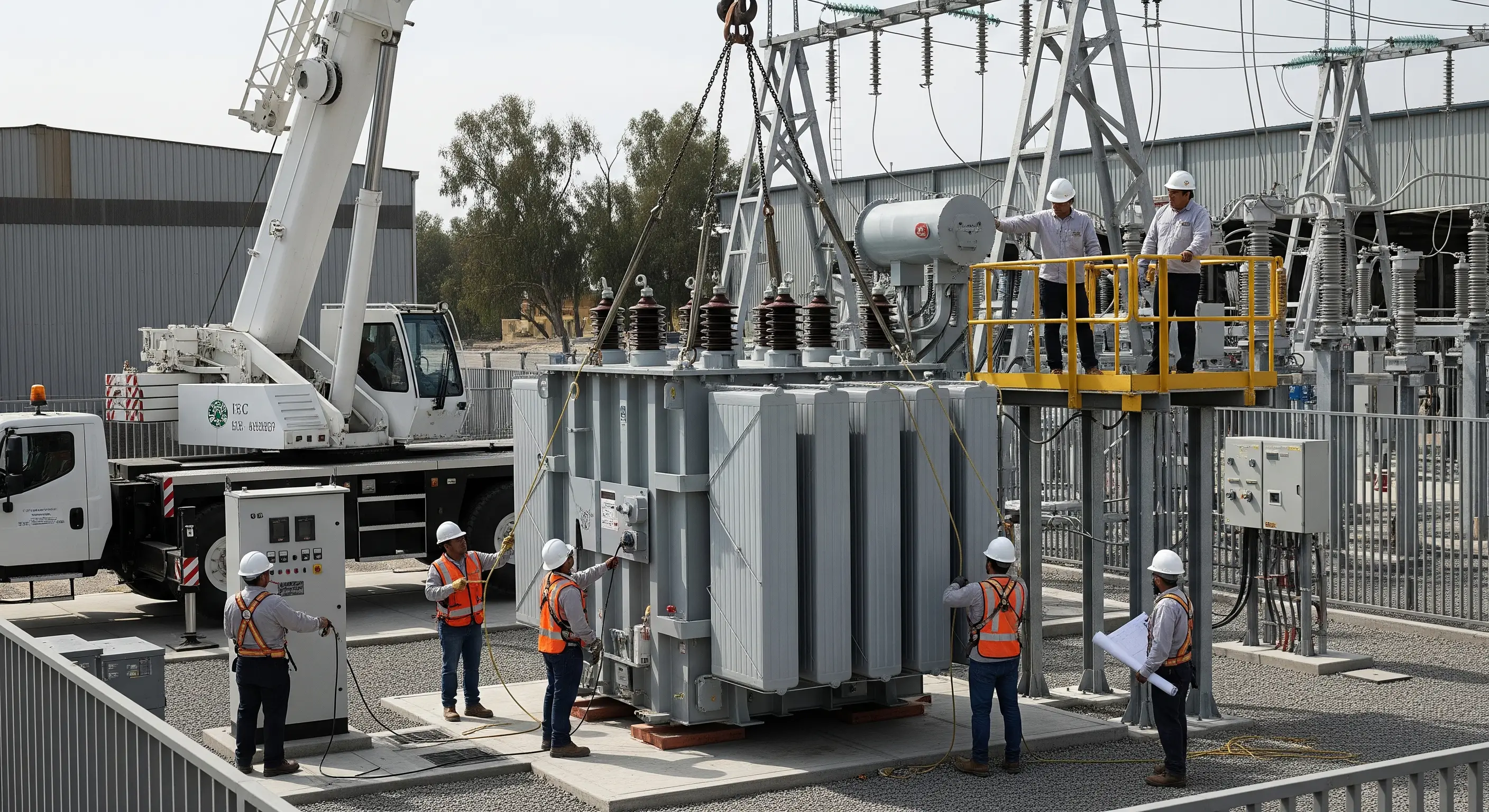 Ingenieros realizando la instalación de un transformador de media tensión en la subestación de una planta industrial en México