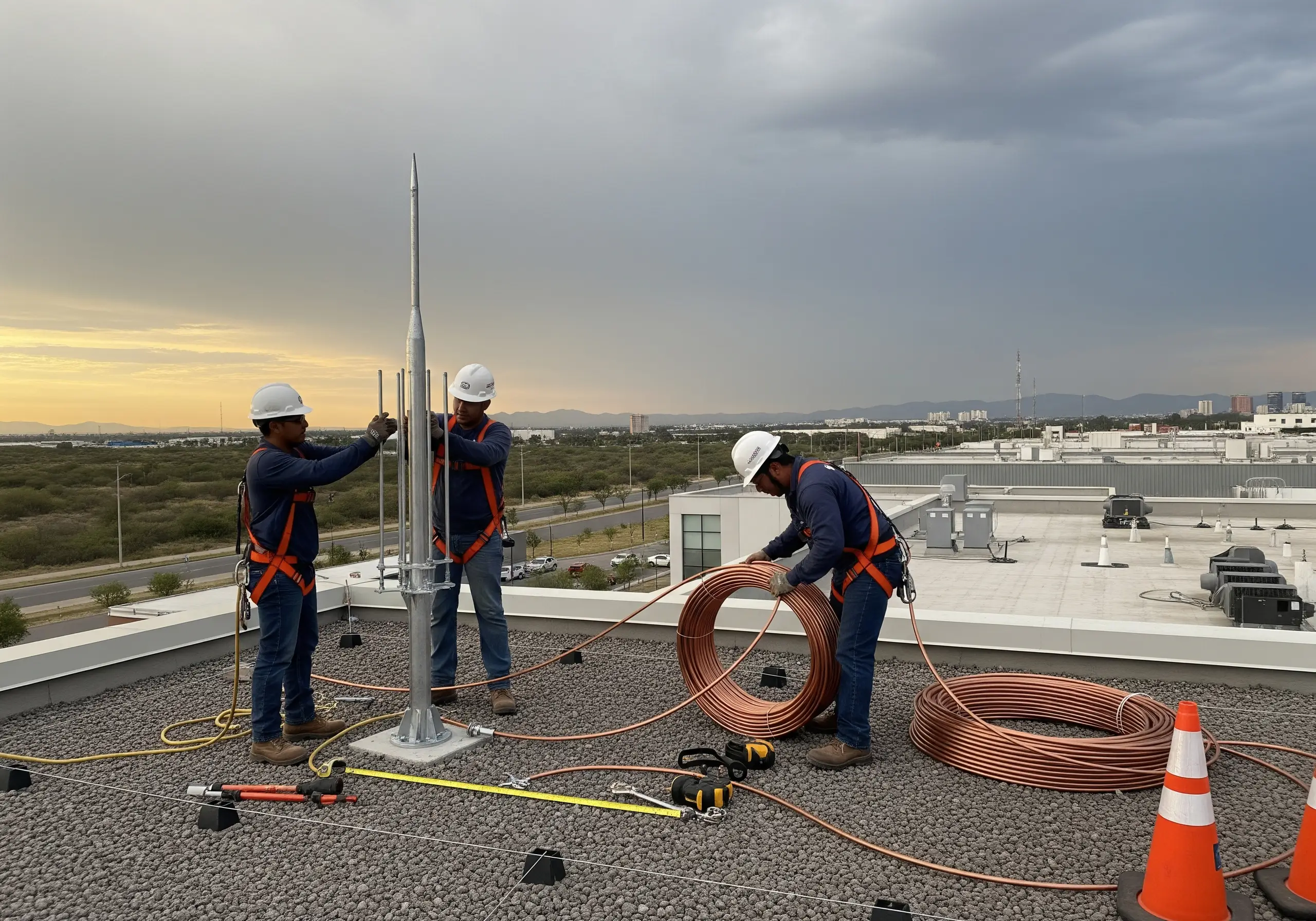 Ingenieros instalando pararrayos en la azotea de una nave industrial en México