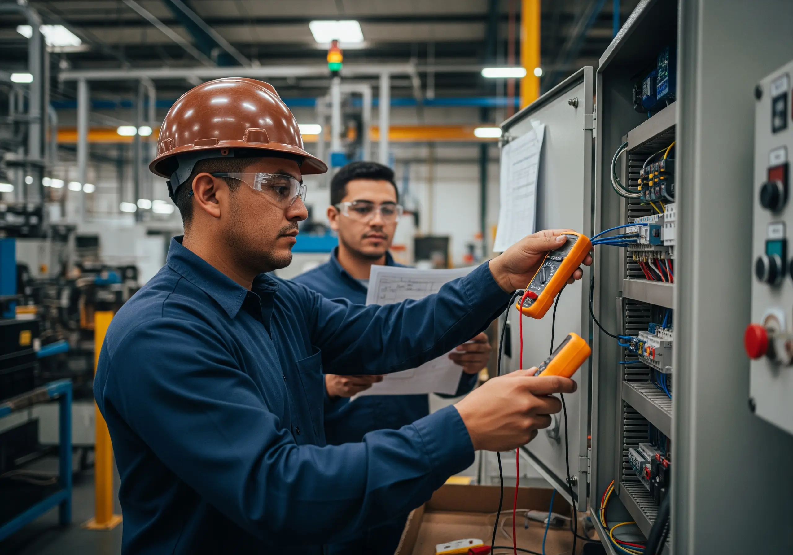 Ingeniero realizando diagnóstico para instalación de pararrayos en nave industrial