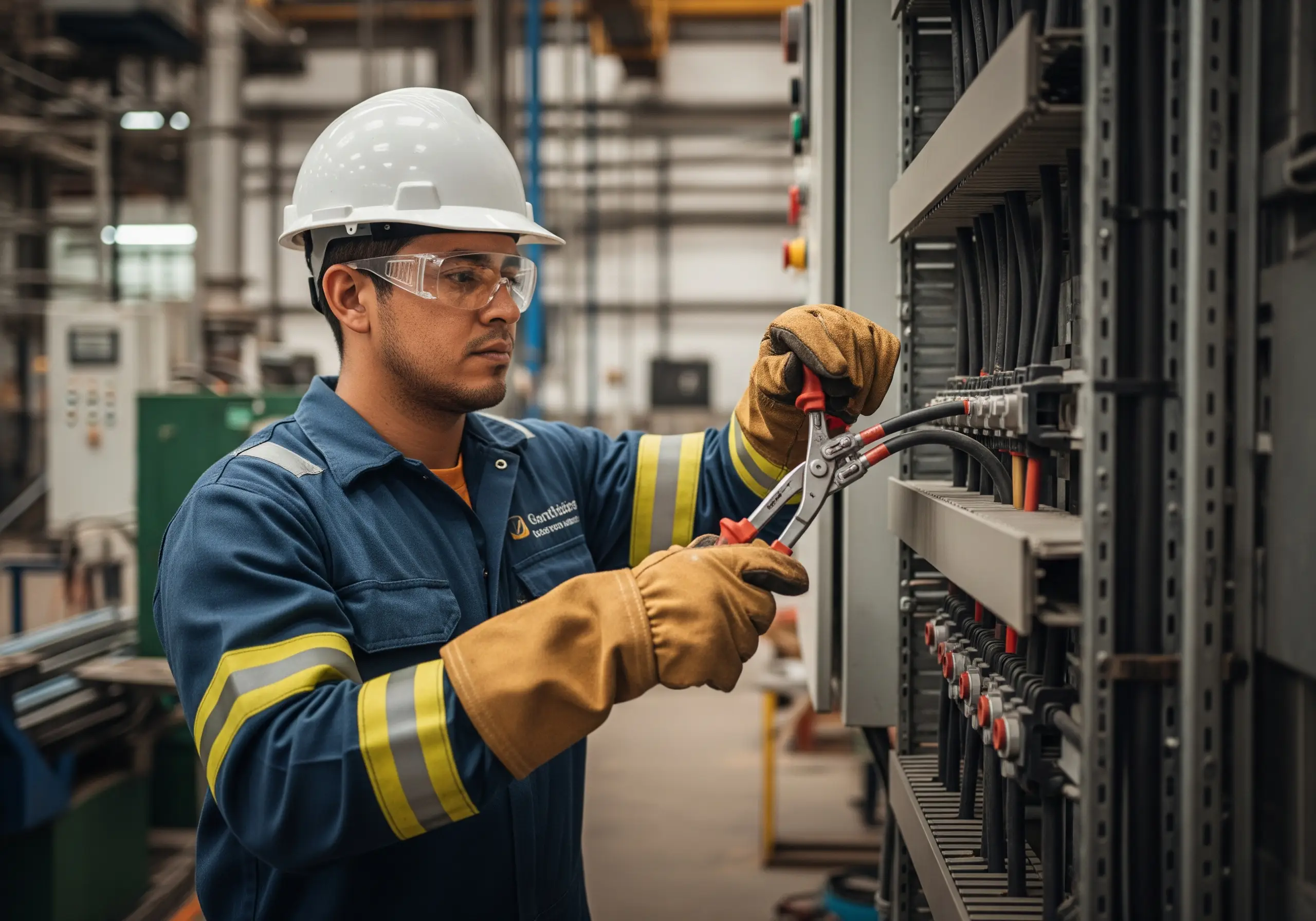 Técnicos instalando pararrayos en una nave industrial