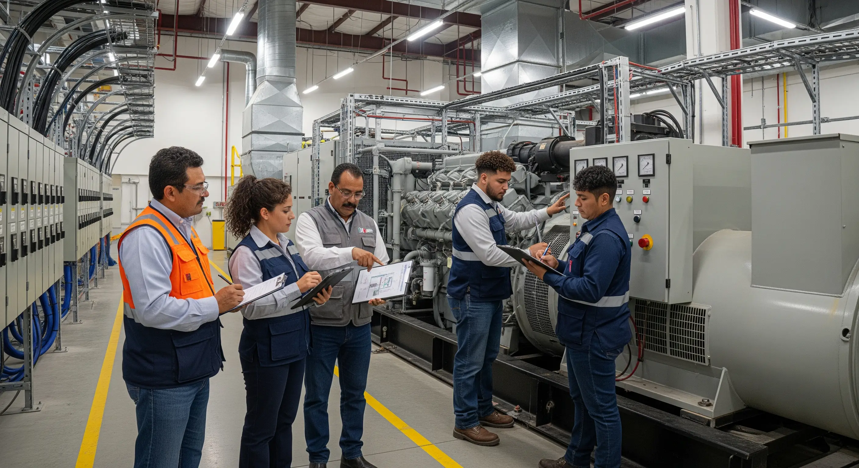 Equipo de ingenieros de ISEMC revisando la instalación y correcto funcinamiento de una planta de emergencia