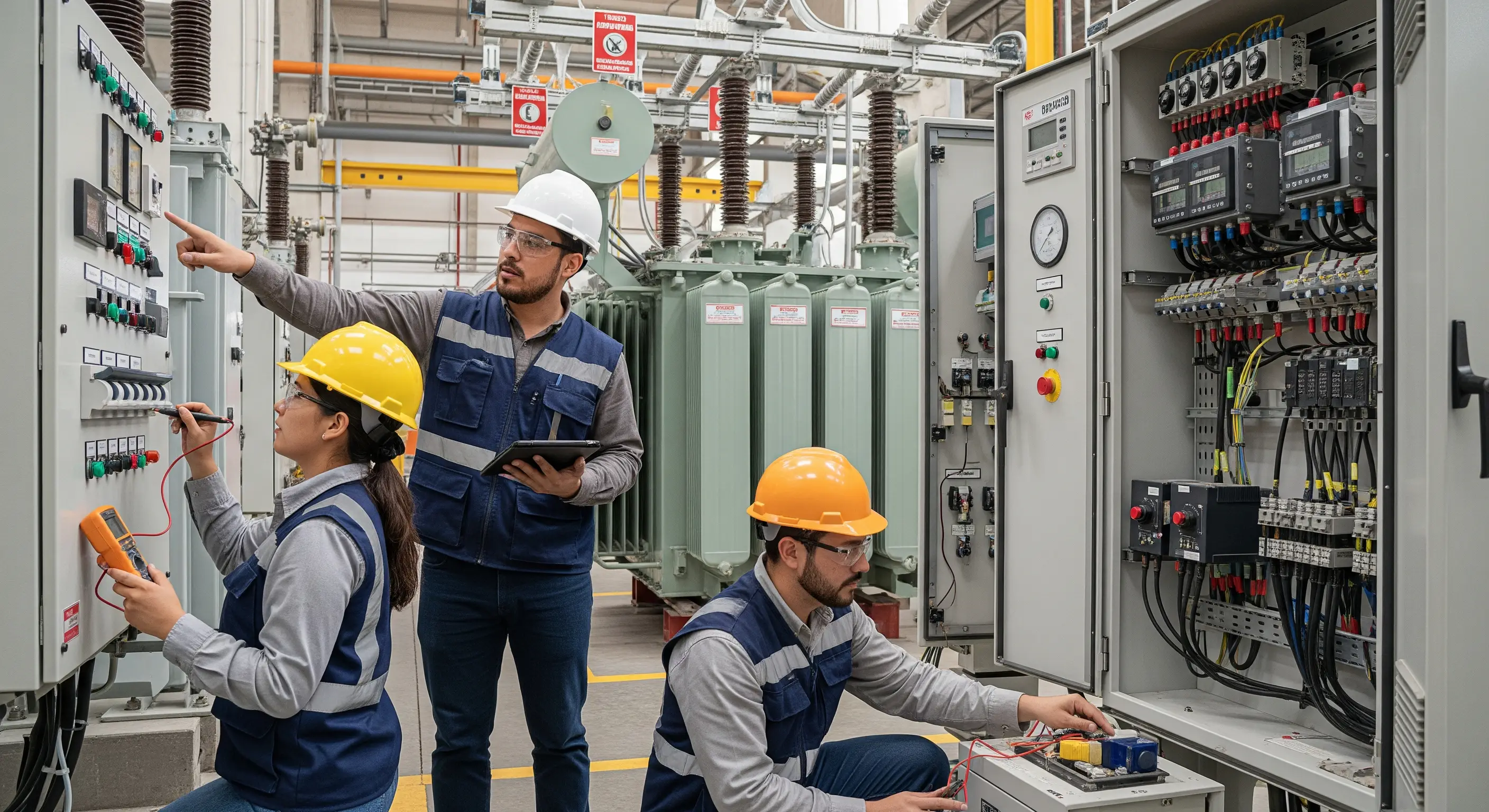 Equipo de ingenieros de ISEMC revisando el correcto funcinamiento de una subestación eléctrica