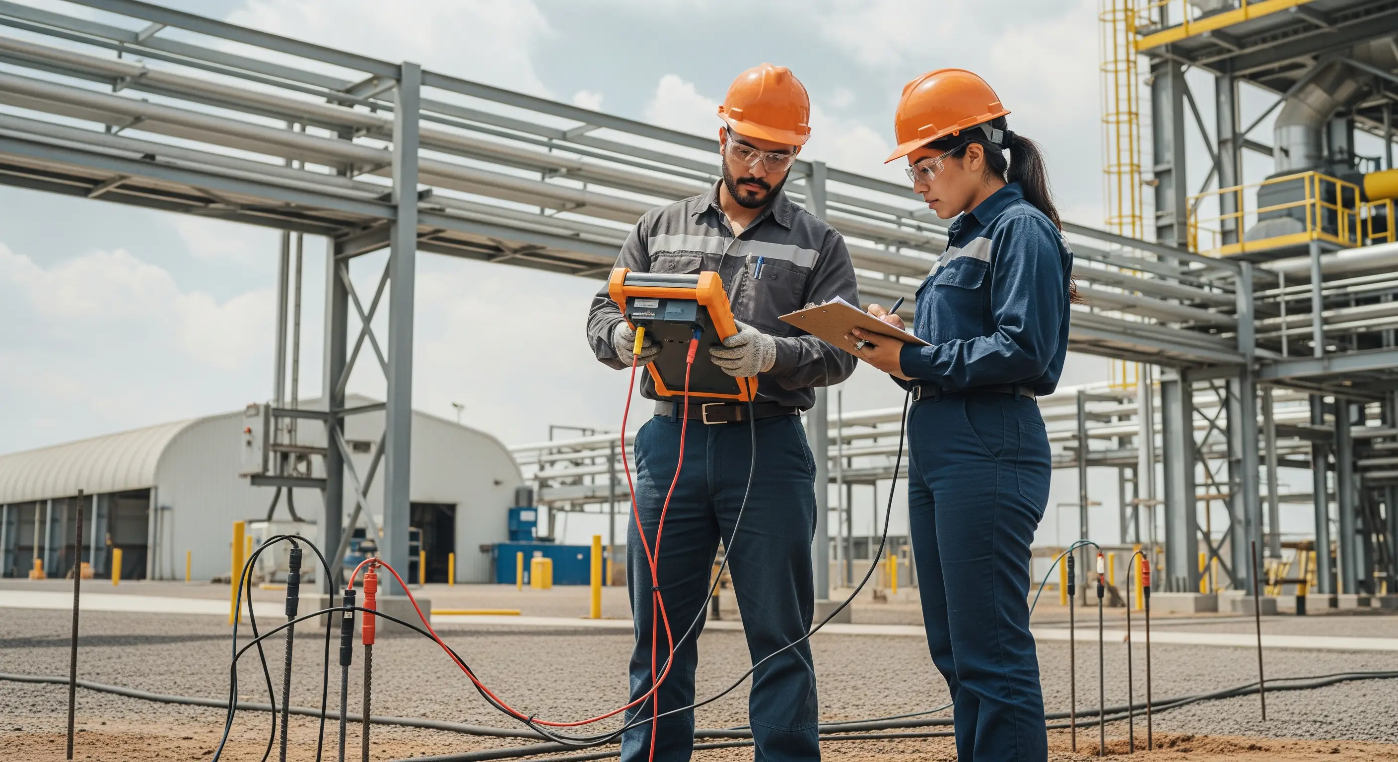Equipo de ingenieros realizando mediciones a la instalación de la tierra física.