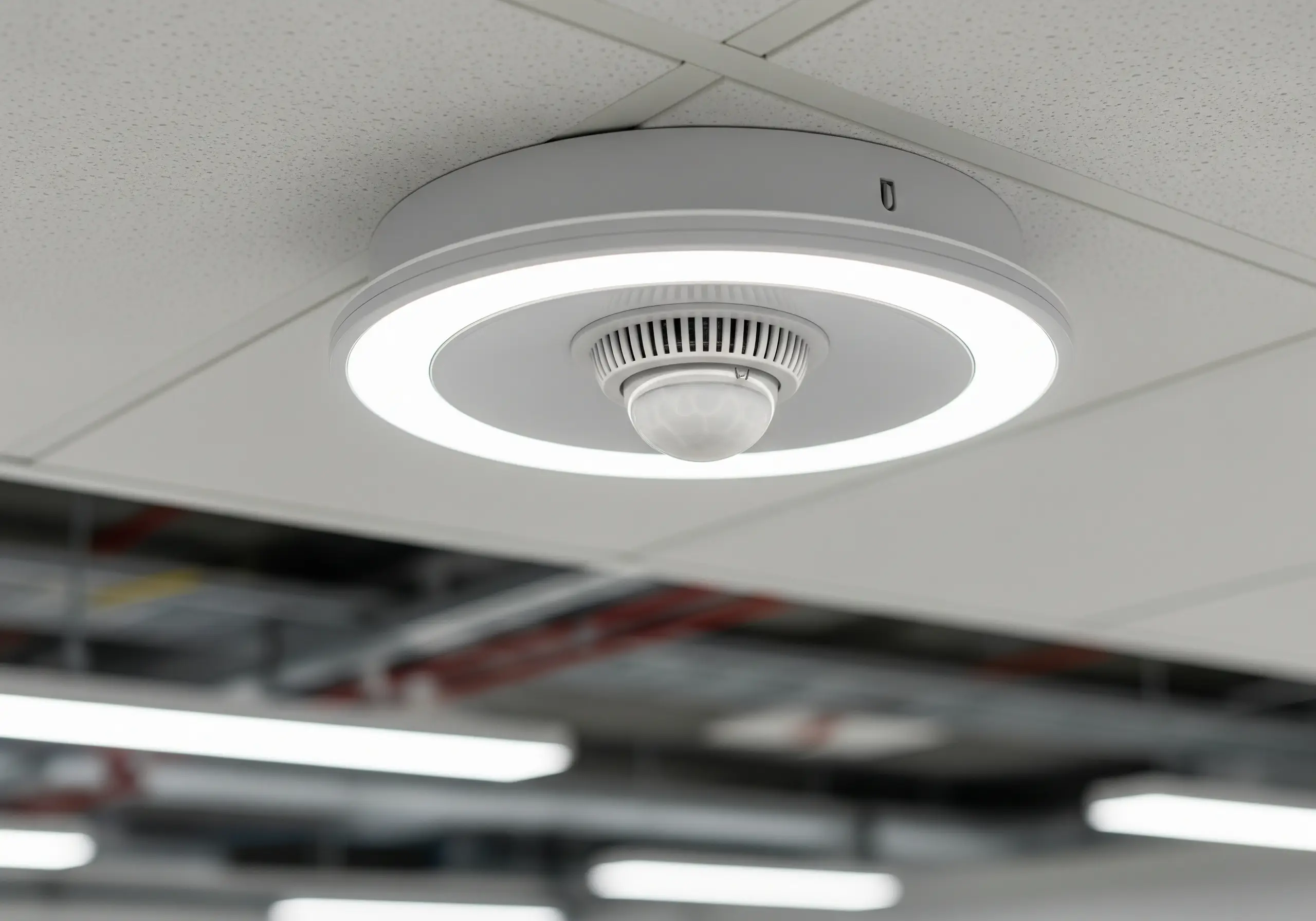 Luminaria de detección de humo inalámbrica para áreas de difícil cableado.
